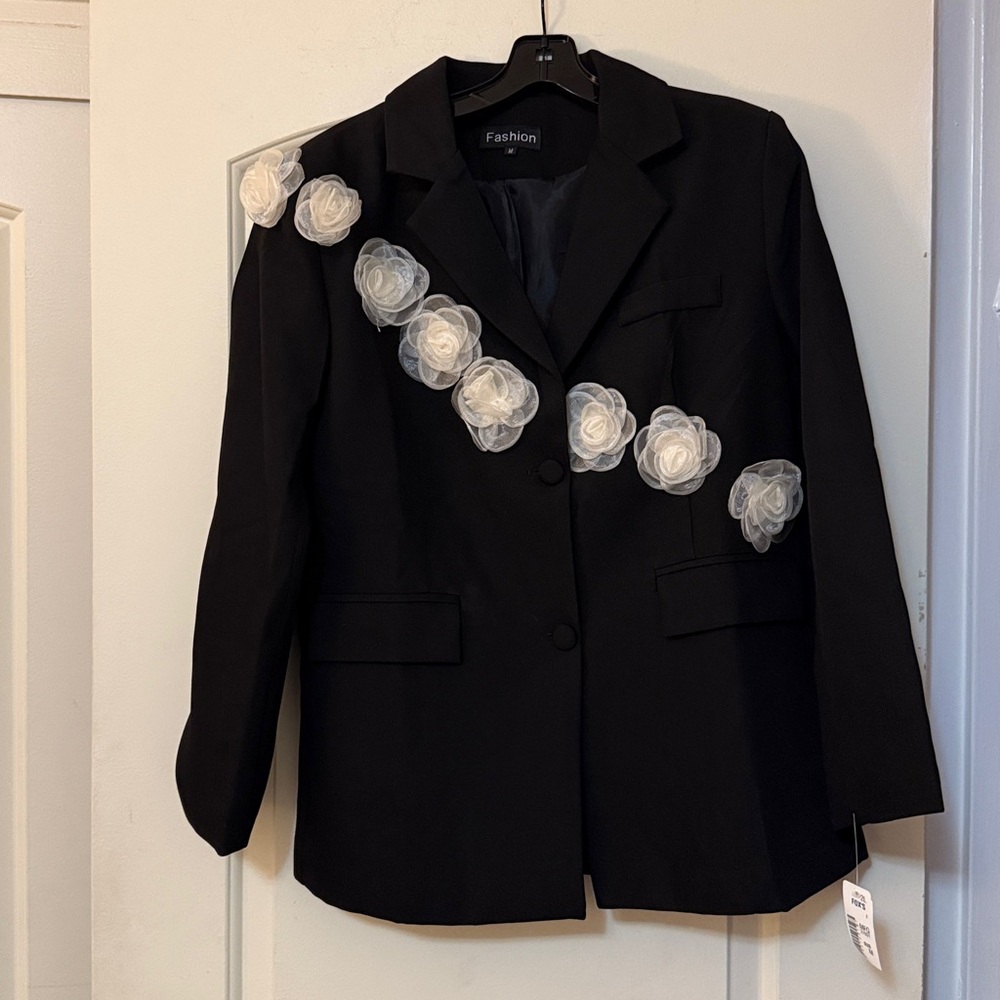 Black Blazer with White Floral Accents